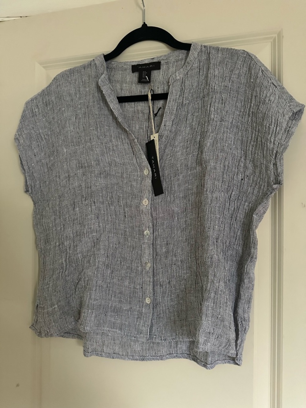 Tahari Light Blue Textured Button-Front Linen Blend Top